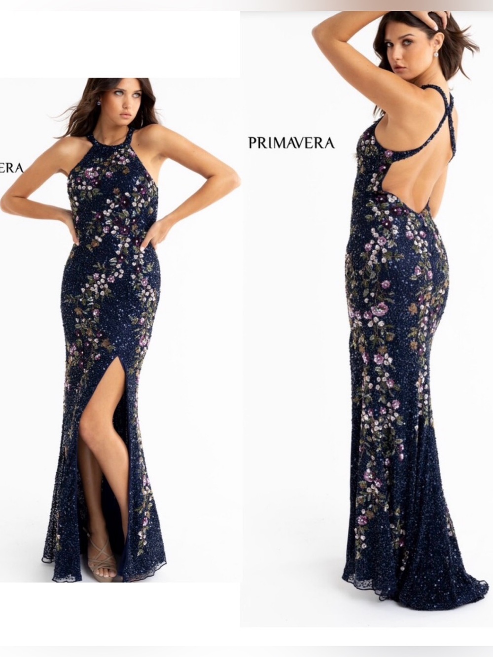Primavera Couture Prom 3726 Navy Floral Sequin Halter Evening Gown Sz 12
